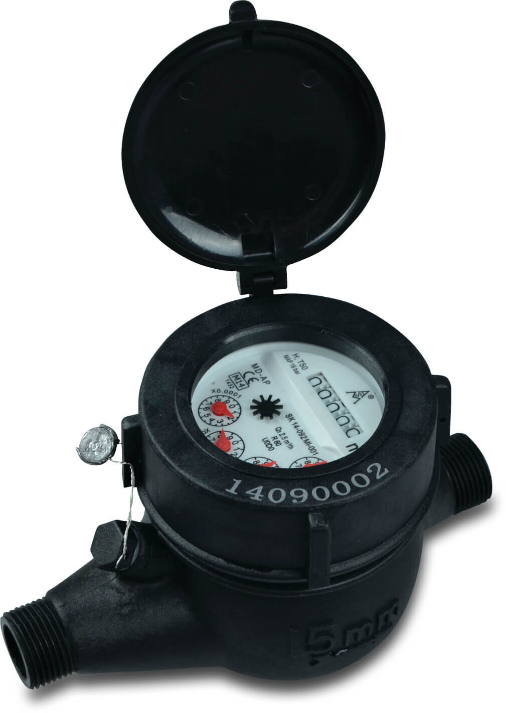 Profec Wasserzähler Trockenläufer Nylon Außengewinde 16bar 0,1A DN15 24V Schwarz CE/MID MD-AP Typ Nylon Multijet waagerecht mit Pulsoption