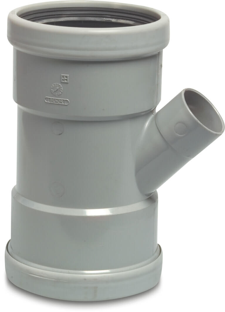 T-Stück 45° PVC-U SN4 Steckmuffe x Klebemuffe x Steckmuffe Grau KOMO/BENOR