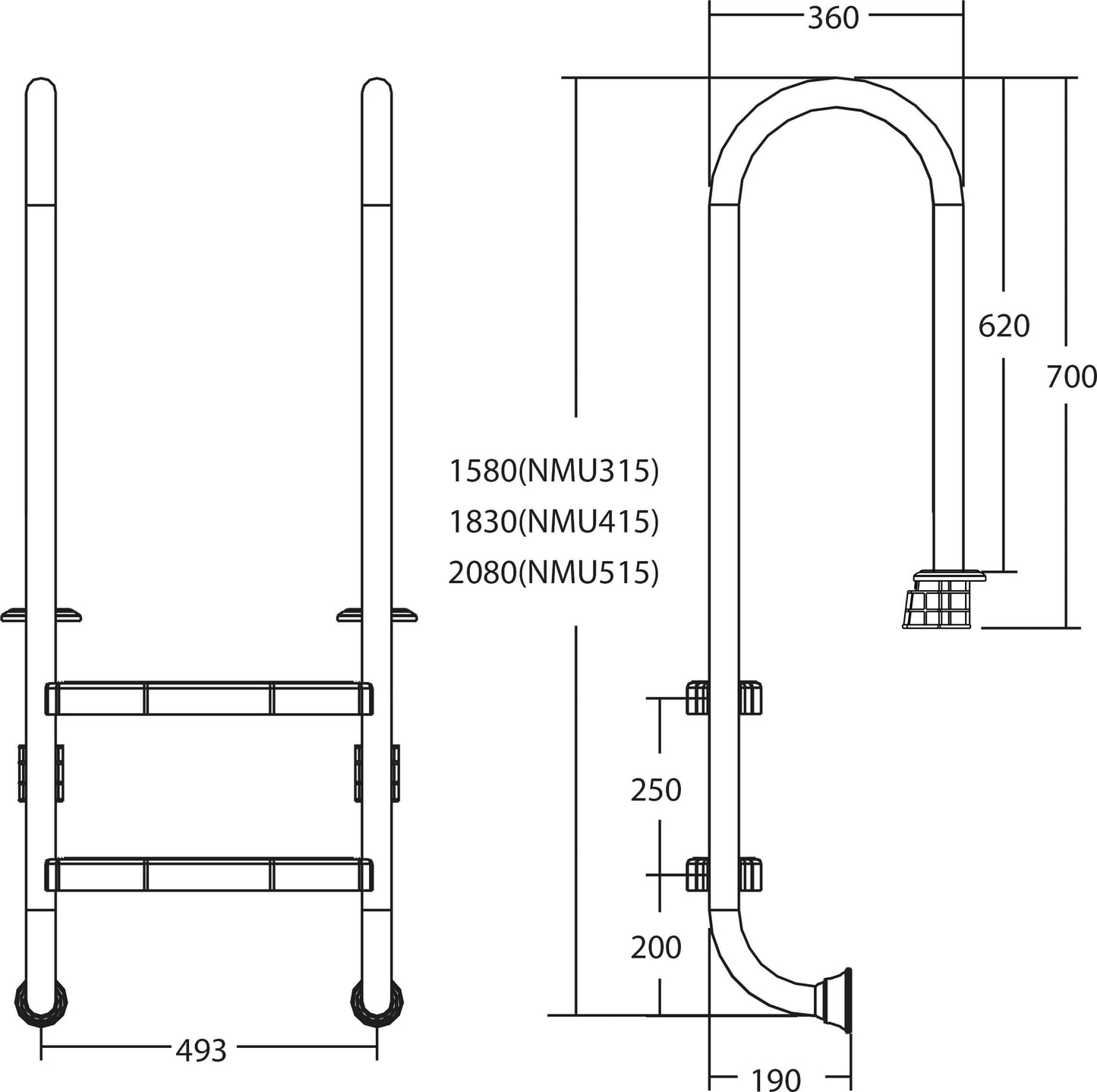 Flotide schlankes Modell Tiefenbeckenleiter Edelstahl 316 3 Trittstufen
