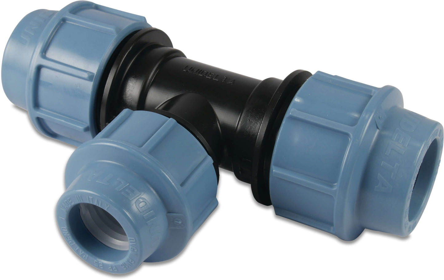 Unidelta Reduzier T-Stück 90° PP Klemm 16bar Schwarz/Blau DVGW/KIWA/WRAS/SVGW