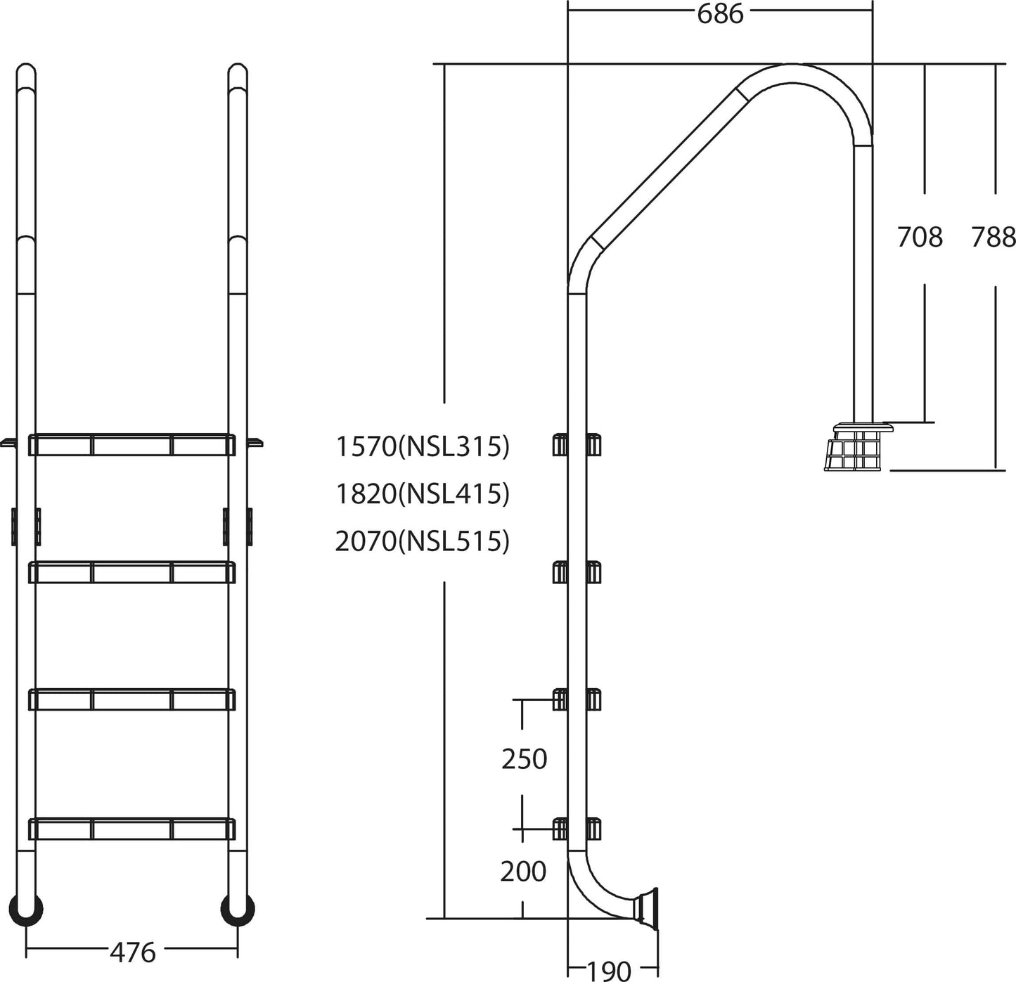 Flotide breites Modell Tiefenbeckenleiter Edelstahl 316 3 Trittstufen