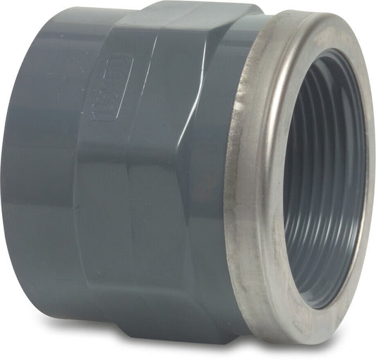 Profec Gewindemuffe PVC-U Klebemuffe x Innengewinde 10bar Grau mit Edelstahl Ring Typ verstärkt