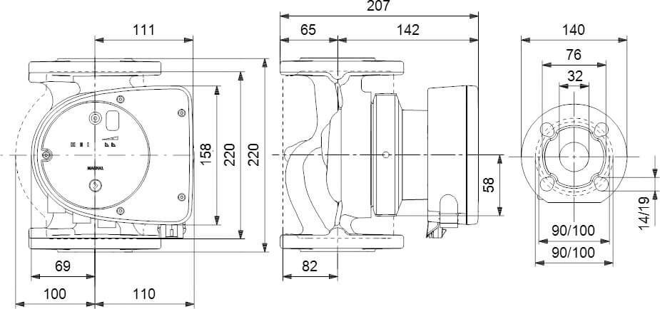 Grundfos Umwälzpumpe mit variabler Drehzahl Gusseisen DIN Flansch 10bar 1.41A 230VAC Schwarz/Rot