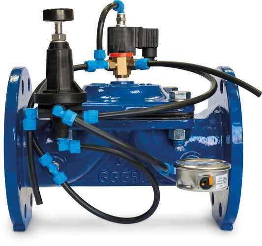 Azud Reduzierendes Elektroventil Gußeisen GG 25 Epoxybeschichtung 3" Innengewinde 16bar DN80 24VAC Blau Typ NC