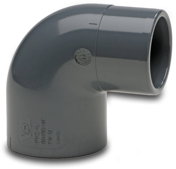 VDL Winkel 90° PVC-U 50 mm x 40/50 mm Klebemuffe x Klebemuffe/Klebestutzen 10bar Grau