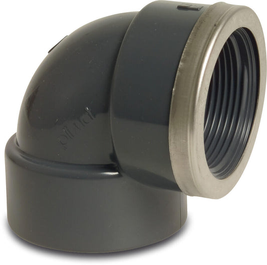 Profec Winkel 90° PVC-U Klebemuffe x Innengewinde 16bar Grau mit Edelstahl Ring Typ verstärkt