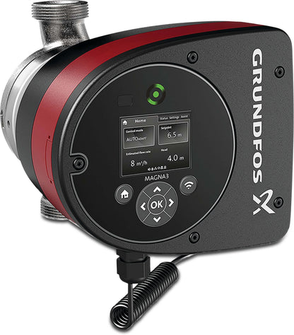 Grundfos Umwälzpumpe mit variabler Drehzahl Edelstahl Außengewinde 10bar 0.61A 230VAC Schwarz/Rot WRAS