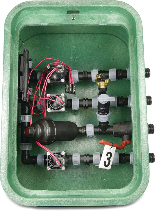 Hunter 3 Ventile Montierter Ventilkasten rechteckig mit Filter HDPE 1" Außengewinde Grün
