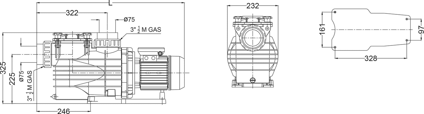 PSH Schwimmbadpump öffentlicher Bereich PP/GF30 75 mm Klebemuffe 9A 230VAC Schwarz 2PS