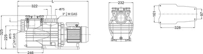 PSH Schwimmbadpump öffentlicher Bereich PP/GF30 75 mm Klebemuffe 9A 230VAC Schwarz 2PS