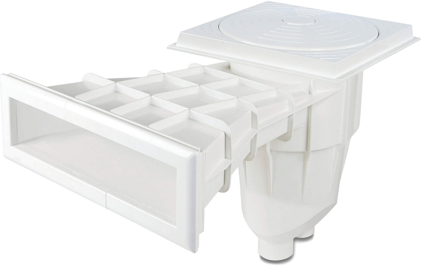Wasserlinien Skimmer breit ABS 50/63 mm Klebemuffe Weiß rechteckig Typ mit Messing M6 Gewinde