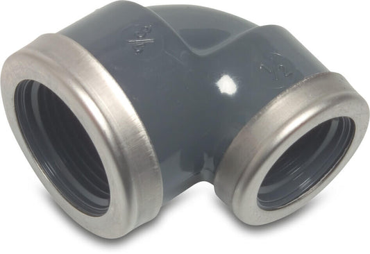 Profec Winkel 90°, reduziert PVC-U 3/4" x 1/2" Innengewinde 10bar Grau mit Edelstahl Ring Typ verstärkt (VE: 10 St.)