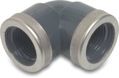 Profec Winkel 90° PVC-U 1" Innengewinde 10bar Grau mit Edelstahl Ring Typ verstärkt