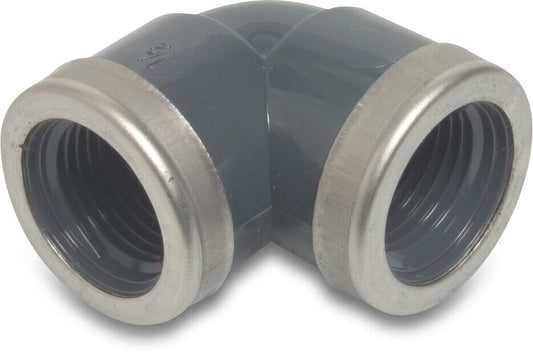 Profec Winkel 90° PVC-U 1" Innengewinde 10bar Grau mit Edelstahl Ring Typ verstärkt
