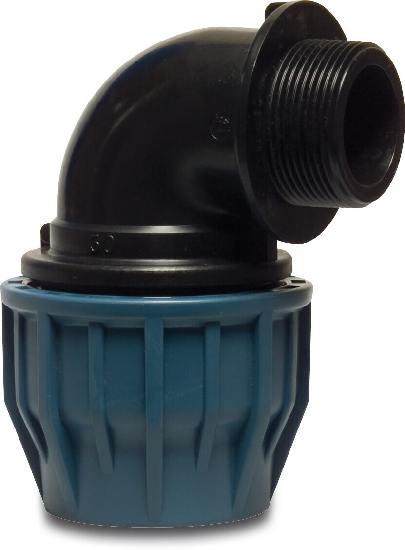 Jason Winkel 90° PP 110 mm x 4" Klemm x Außengewinde 16bar Schwarz/Blau DVGW/KIWA/WRAS Typ EZ
