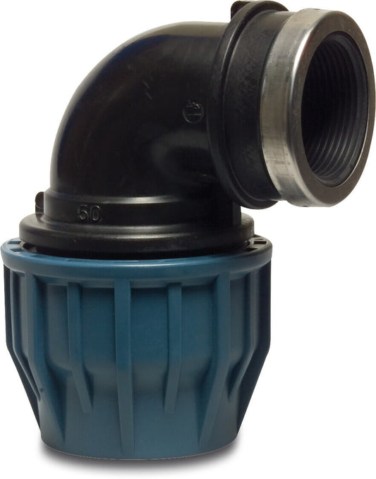 Jason Winkel 90° PP 75 mm x 2 1/2" Klemm x Innengewinde 16bar Schwarz/Blau DVGW/KIWA/WRAS Typ EZ