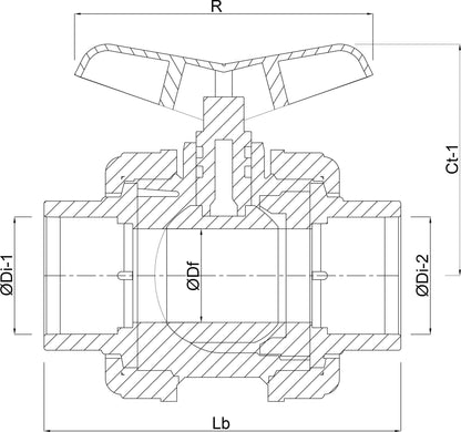 3-Wege-Kugelhahn T-Bohrung PVC-U 32 mm Klebemuffe 10bar DN25 Grau Typ T-Bohrung Seitlich