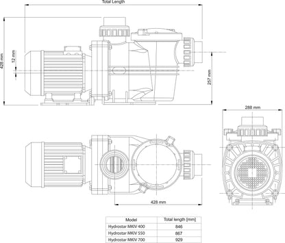 Waterco Schwimmbadpump öffentlicher Bereich 90 mm Klebemuffe 5,2A Schwarz Typ Hydrostar MKIV 400