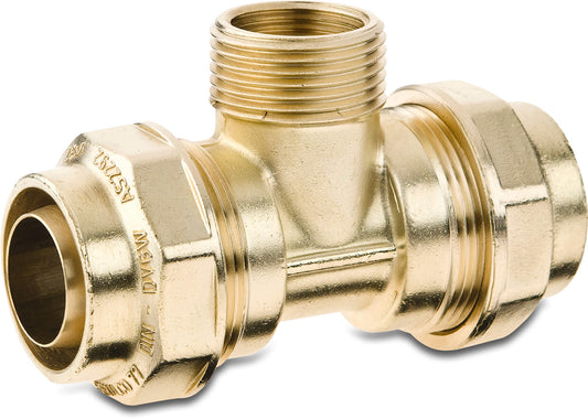 Beulco T-Stück 90° Messing 25 mm x 3/4" x 25 mm Klemm x Außengewinde x Klemm SDR9 10bar KIWA Typ 77180