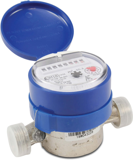 Profec Wasserzähler Trockenläufer Messing Vernickelt 3/4" Außengewinde 16bar 0,1A 2m³/h DN20 24VAC Blau CE/MID SD-A Typ Einstrahl