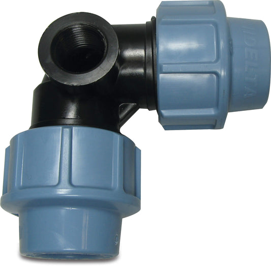 Unidelta Winkel 90° PP Klemm x Innengewinde x Klemm 16bar Schwarz/Blau DVGW/KIWA/WRAS