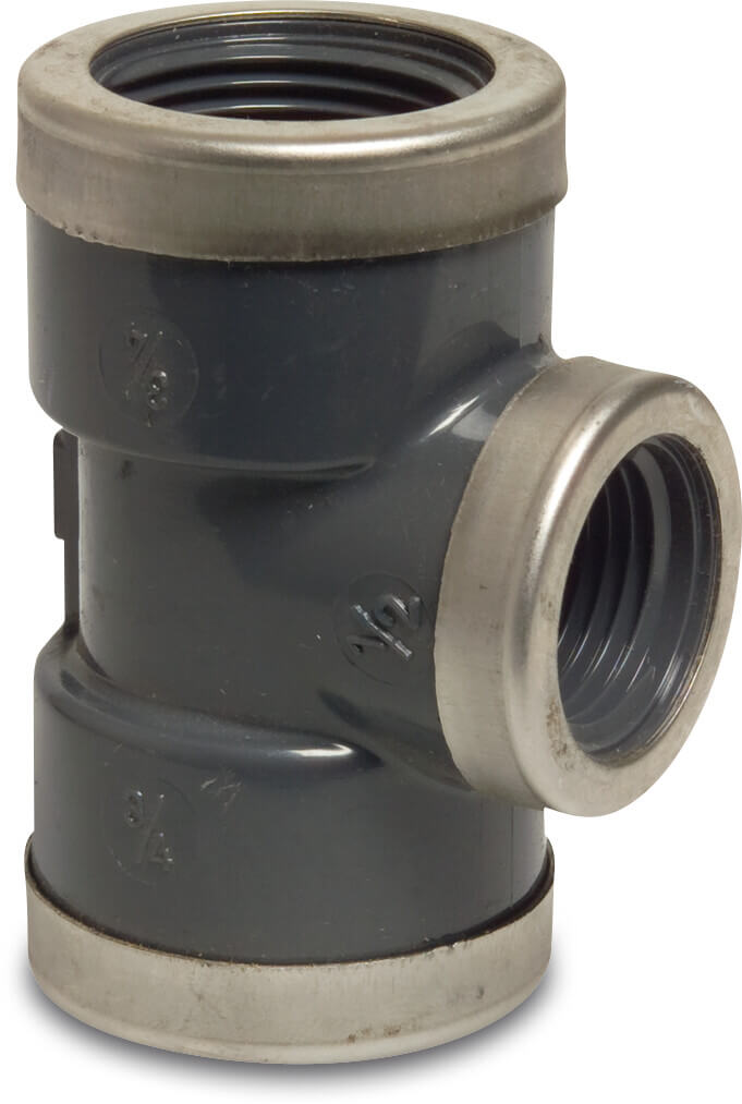 Profec Reduzier T-Stück 90° PVC-U 3/4" x 1/2" x 3/4" Innengewinde 16bar Grau mit Edelstahl Ring Typ verstärkt (VE: 10 St.)