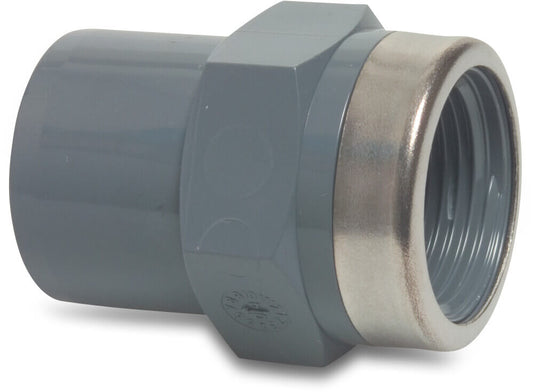 Profec Gewindemuffe PVC-U 16/25 mm x 1/2" Klebemuffe/Klebestutzen x Innengewinde 16bar Grau mit Edelstahl Ring Typ verstärkt (VE: 10 St.)