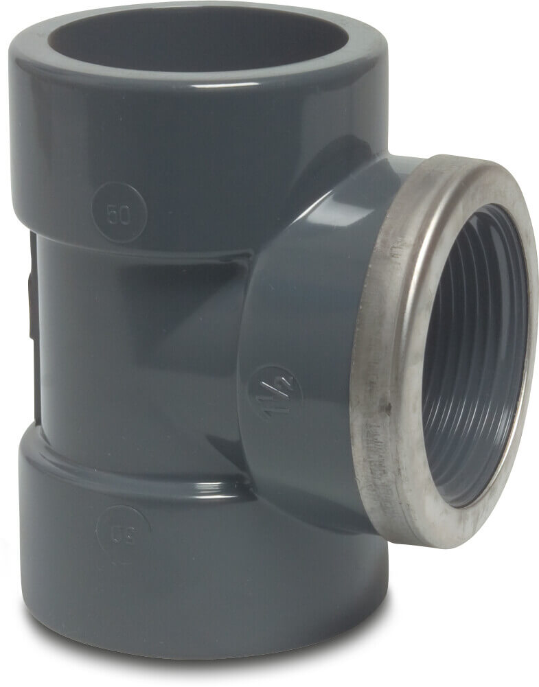 Profec T-Stück 90° PVC-U Klebemuffe x Innengewinde x Klebemuffe 16bar Grau mit Edelstahl Ring Typ verstärkt