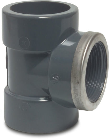 Profec T-Stück 90° PVC-U Klebemuffe x Innengewinde x Klebemuffe 16bar Grau mit Edelstahl Ring Typ verstärkt