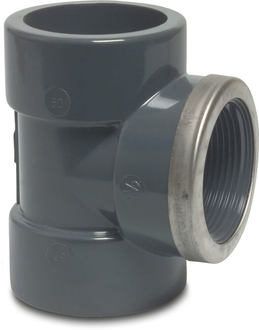 Profec T-Stück 90° PVC-U Klebemuffe x Innengewinde x Klebemuffe 16bar Grau mit Edelstahl Ring Typ verstärkt