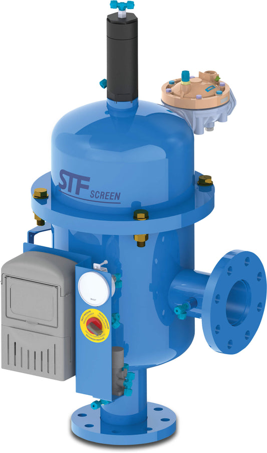 STF Automatisch hydraulisch Filter carbon steel ST37.2 Epoxybeschichtung DN100 DIN Flansch 10bar 120micron Edelstahl 316 6VDC Blau Typ FMA 1004