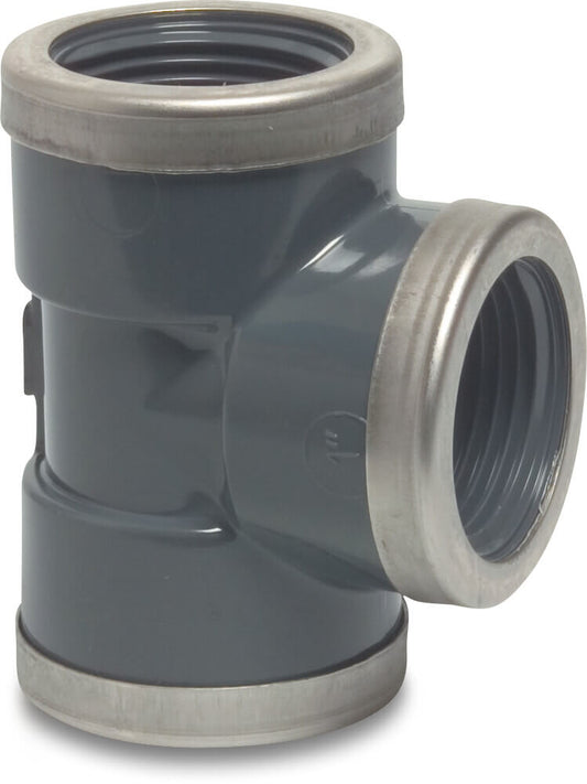 Profec T-Stück 90° PVC-U Innengewinde 16bar Grau mit Edelstahl Ring Typ verstärkt