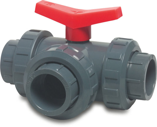 3-Wege-Kugelhahn T-Bohrung PVC-U 32 mm Klebemuffe 10bar DN25 Grau Typ T-Bohrung Seitlich