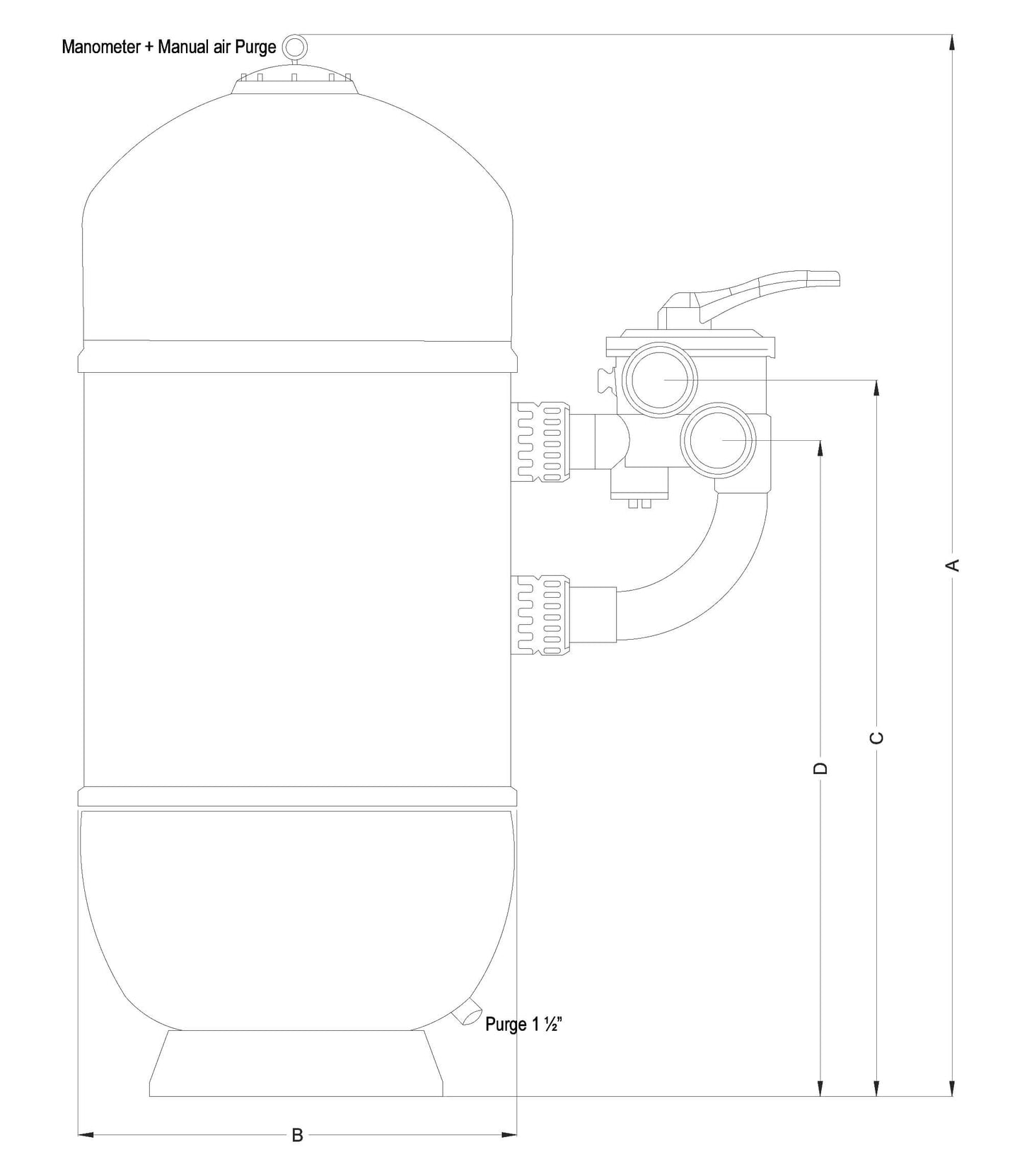 Hochschicht Filter Polyester Gel-beschichtet 1 1/2" Außengewinde 2,5bar Weiß Typ mit 6-Wegeventil ø650mm