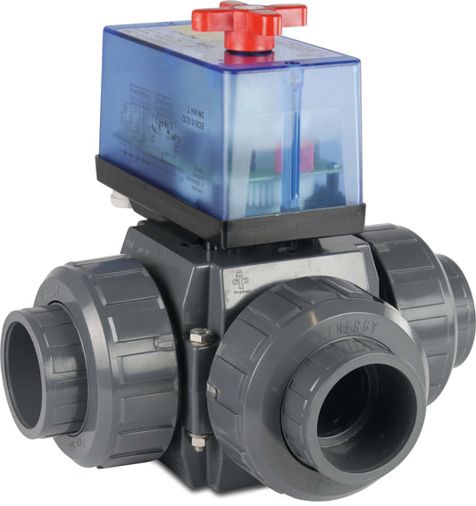 Praher 3-Wege-Kugelhahn L-Bohrung PVC-U Klebemuffe 3bar DN40 230VAC Grau Typ L-Bohrung Seitlich