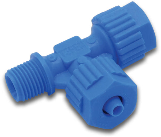 Tefen T-Stück 90° PA Glasfaserverstärkt 6 mm x 6 mm x 1/8" Tülle x Tülle x Außengewinde 14bar Blau