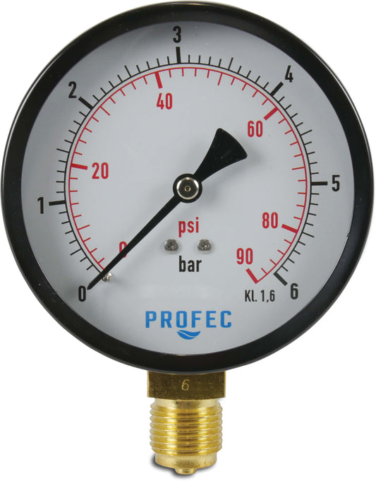 Profec Manometer 100 mm Außengewinde 0 - 6bar Schwarz Typ Trocken Unten 1/2"