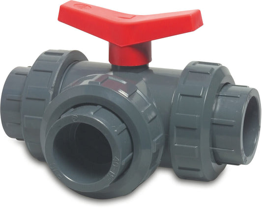 3-Wege-Kugelhahn L-Bohrung PVC-U Klebemuffe 10bar DN32 Grau Typ L-Bohrung Seitlich