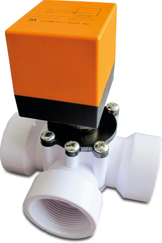 3-Wege Ventil, L-Bohrung L-Bohrung PVC-U 1 1/2" Innengewinde 1,5bar 24VAC Weiß Typ Electronic Seitlich