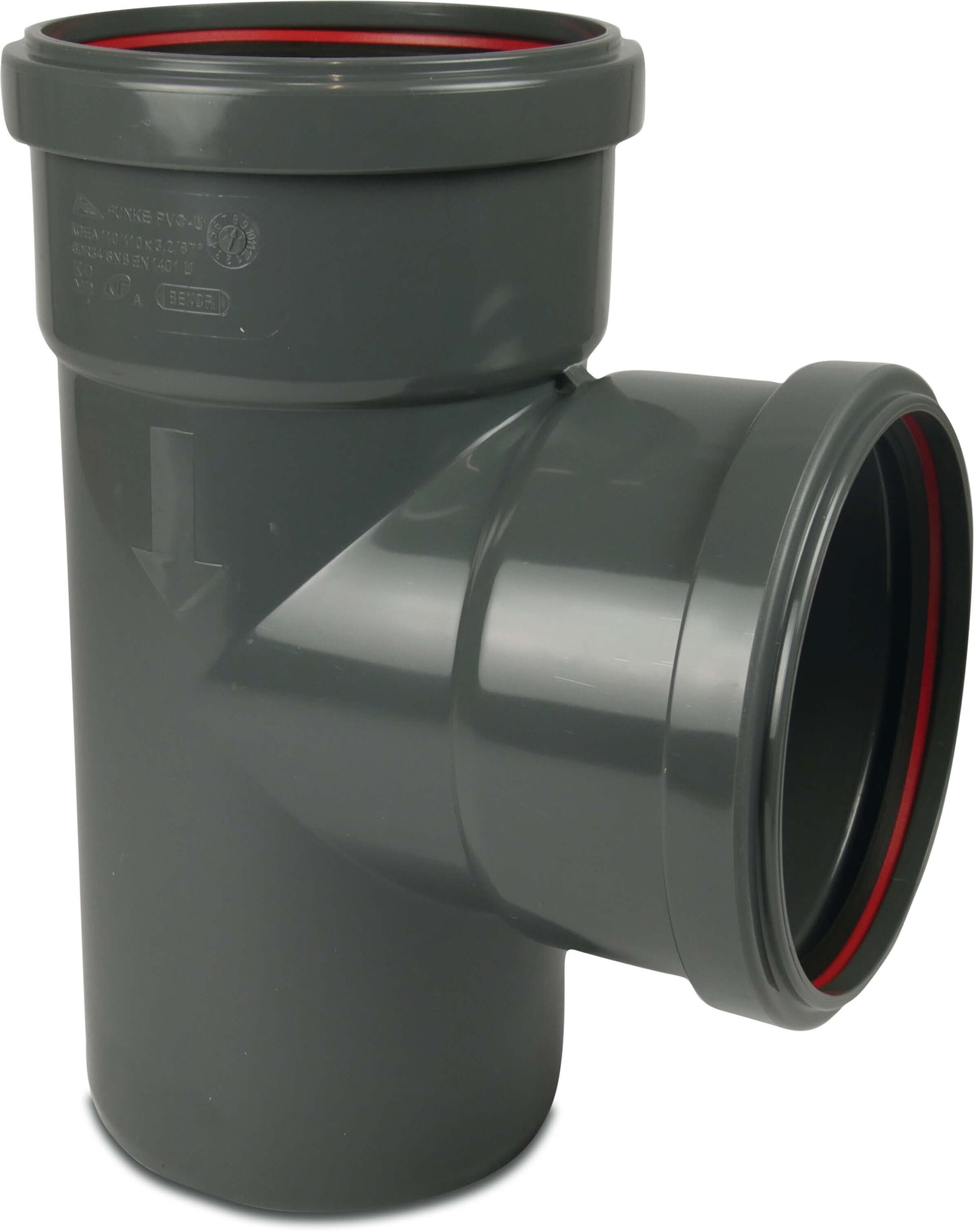 T-Stück 87° PVC-U 110 mm SN4 Steckmuffe x Steckmuffe x Stutzen Grau KOMO/BENOR