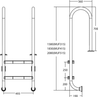 Flotide schlankes Modell Tiefenbeckenleiter Edelstahl 316 5 Trittstufen