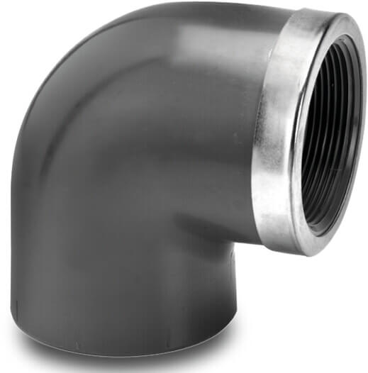 VDL Winkel 90° PVC-U Klebemuffe x Innengewinde 16bar Grau mit Edelstahl Ring Typ verstärkt