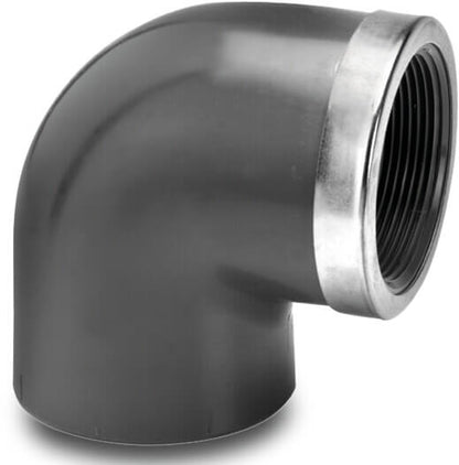 VDL Winkel 90° PVC-U Klebemuffe x Innengewinde 16bar Grau mit Edelstahl Ring Typ verstärkt