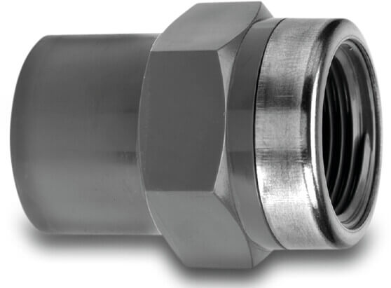 VDL Gewindemuffe PVC-U 20 mm x 1/2" Stutzen x Innengewinde 16bar Grau mit Edelstahl Ring Typ verstärkt