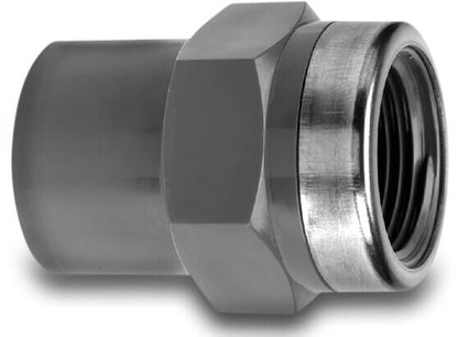 VDL Gewindemuffe PVC-U 20 mm x 1/2" Stutzen x Innengewinde 16bar Grau mit Edelstahl Ring Typ verstärkt