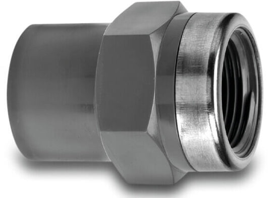 VDL Übergangsadapter PVC-U Klebemuffe/Klebestutzen x Innengewinde 10bar Grau mit Edelstahl Ring Typ verstärkt