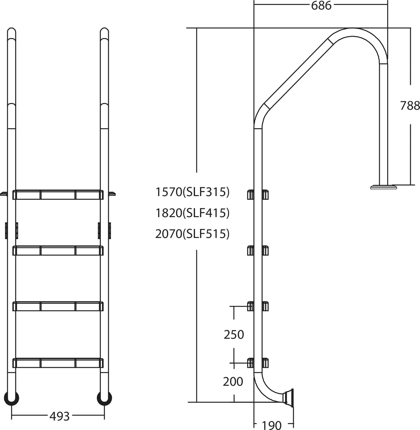 Flotide breites Modell Tiefenbeckenleiter Edelstahl 316 5 Trittstufen