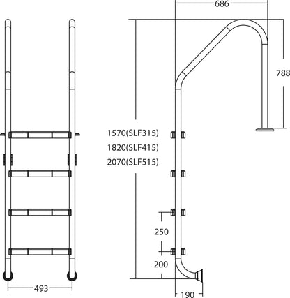 Flotide breites Modell Tiefenbeckenleiter Edelstahl 316 5 Trittstufen