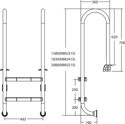 Flotide schlankes Modell Tiefenbeckenleiter Edelstahl 316 5 Trittstufen